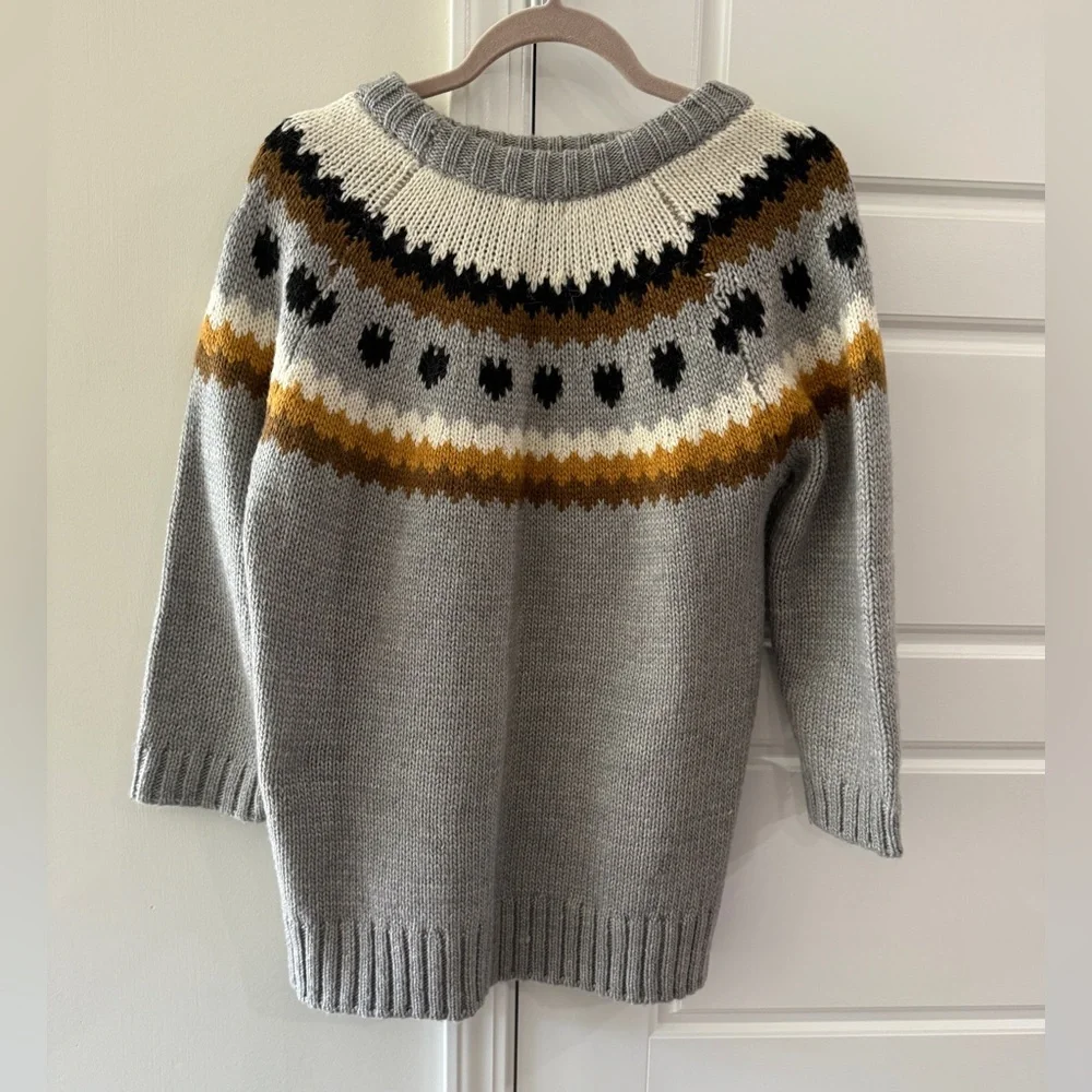 Cabincore Gray H&M Cabin Fair Isle cropped crewneck sweater M Gray Cream Brown - Picture 6 of 7